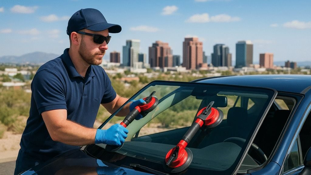 Professional mobile windshield chip repair service filling a cracked windshield with resin in an office parking lot in Allen, Texas.