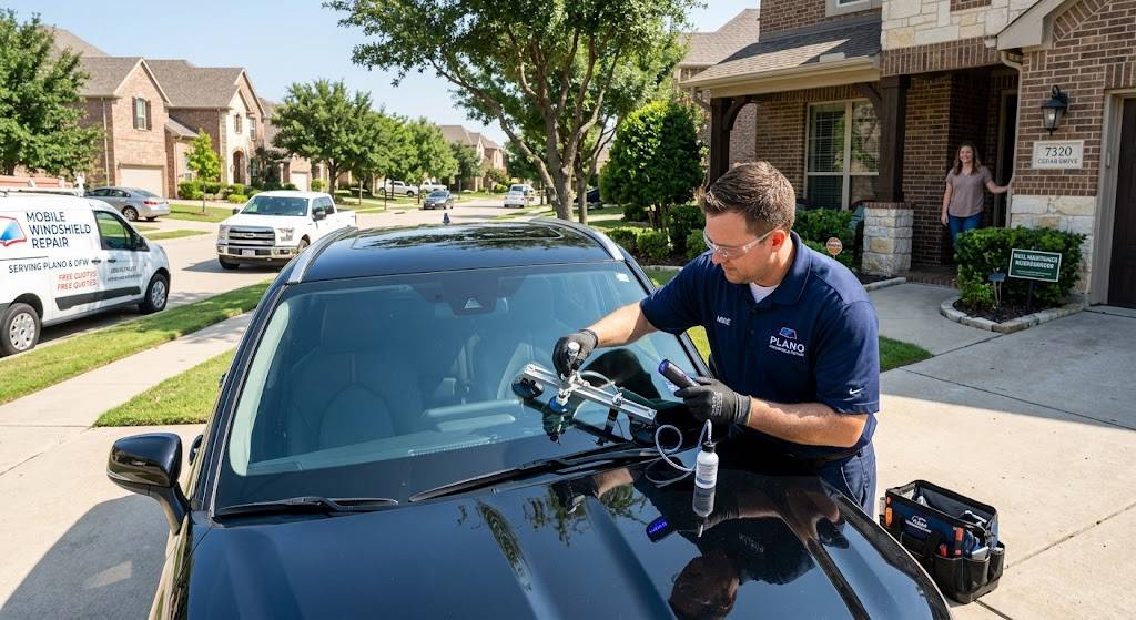 Mobile Windshield Repair Plano TX technician repairing a chipped windshield at a customer's home driveway.