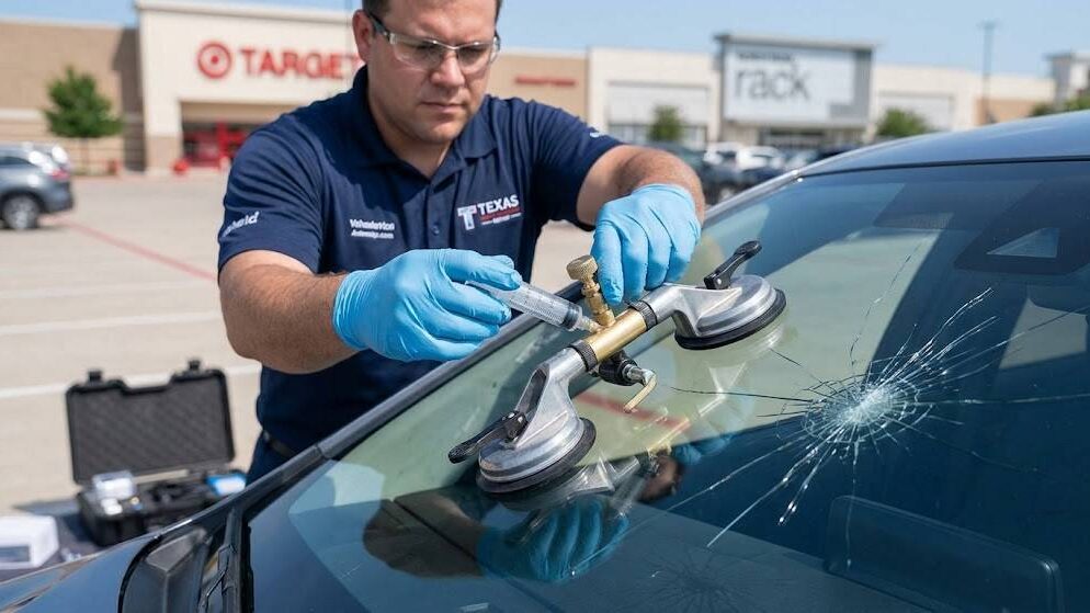 Certified Mobile Windshield Repair Plano TX service fixing a windshield in an office parking lot.