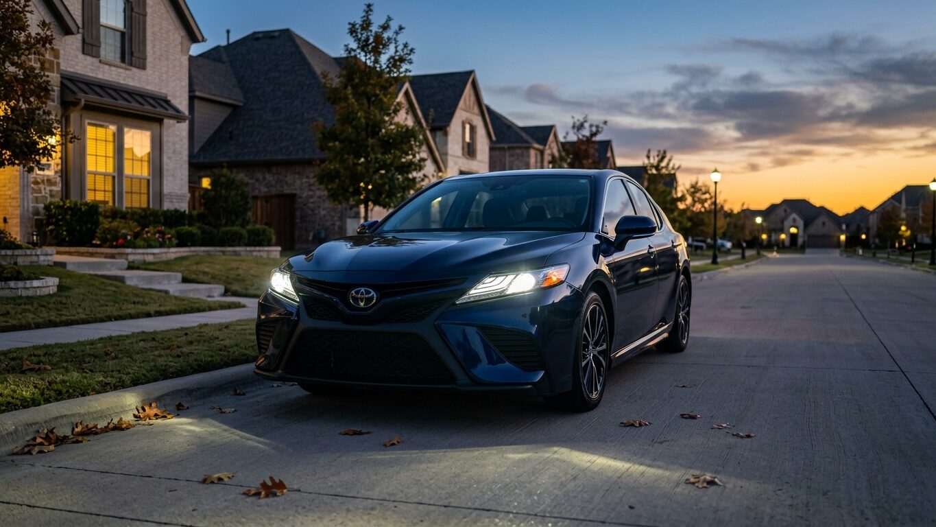 Freshly completed Headlight Restoration in Frisco, TX with clear headlights glowing on a Frisco, Texas street at dusk.