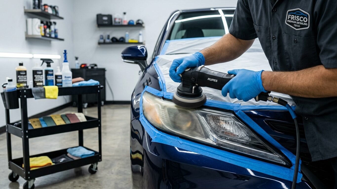 Professional technician performing Headlight Restoration in Frisco, TX on a cloudy and oxidized vehicle headlight.