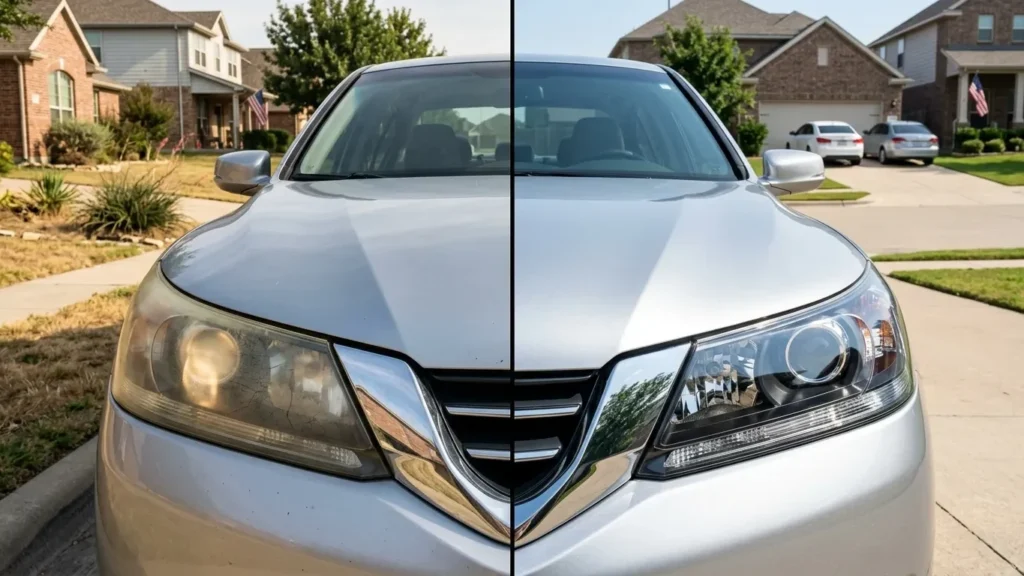 Cloudy headlight before and after restoration in Van Alstyne, TX
