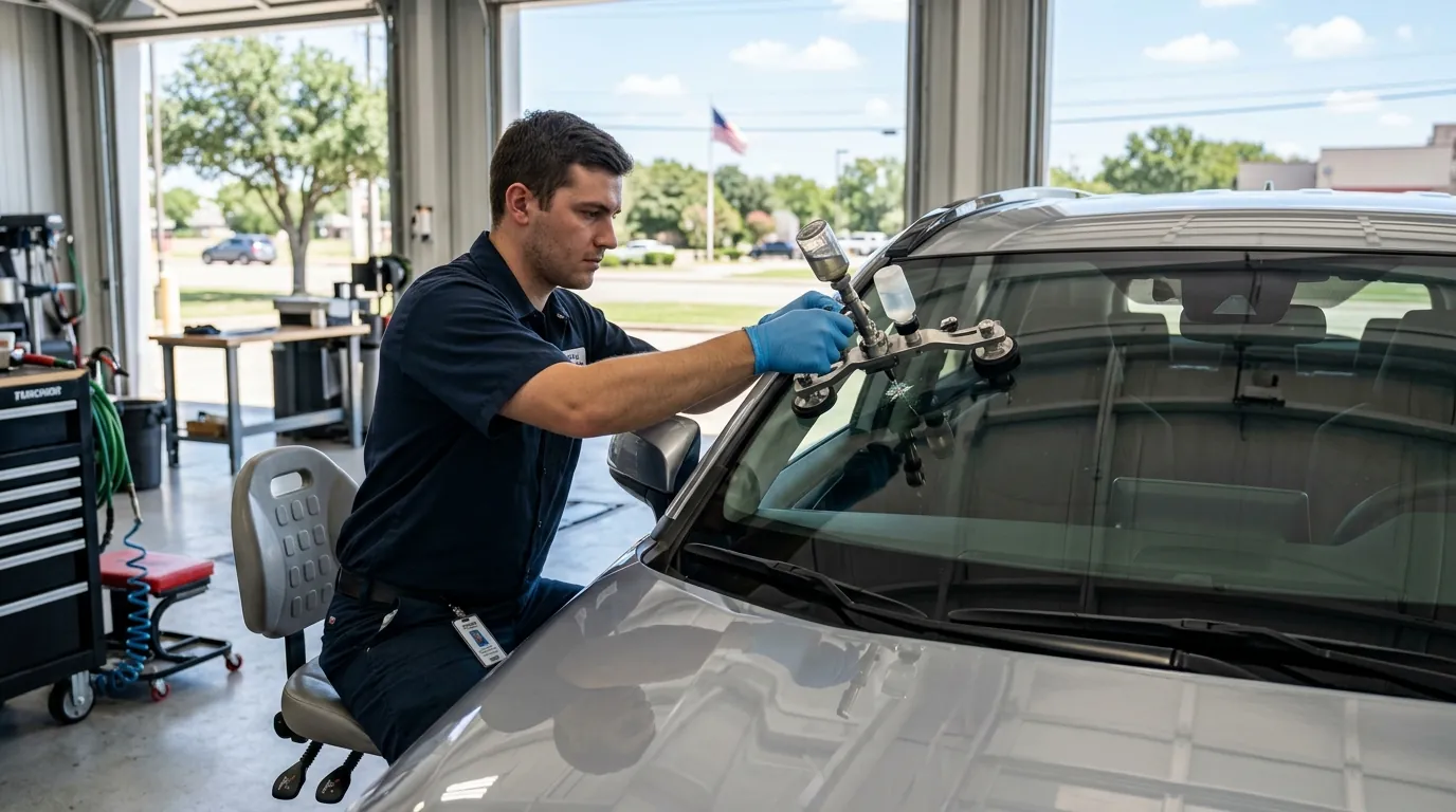 Technician performing windshield chip repair in Sherman, TX