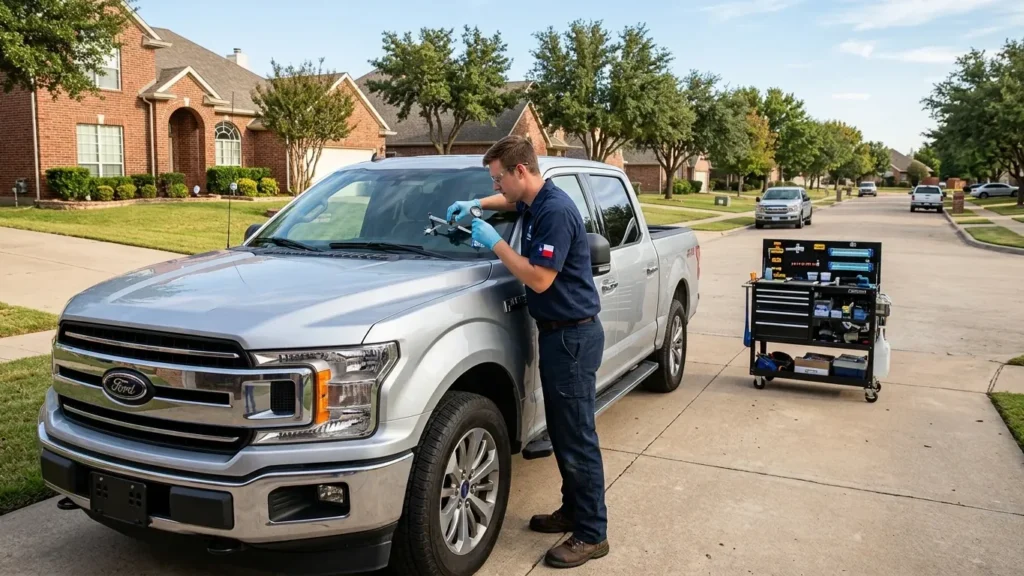 Mobile windshield chip repair service at a home in Sherman, TX