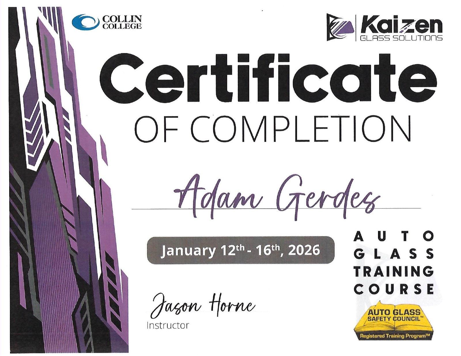 Auto Glass Training Course certificate of completion for Adam Gerdes, Auto Glass Safety Council registered training program