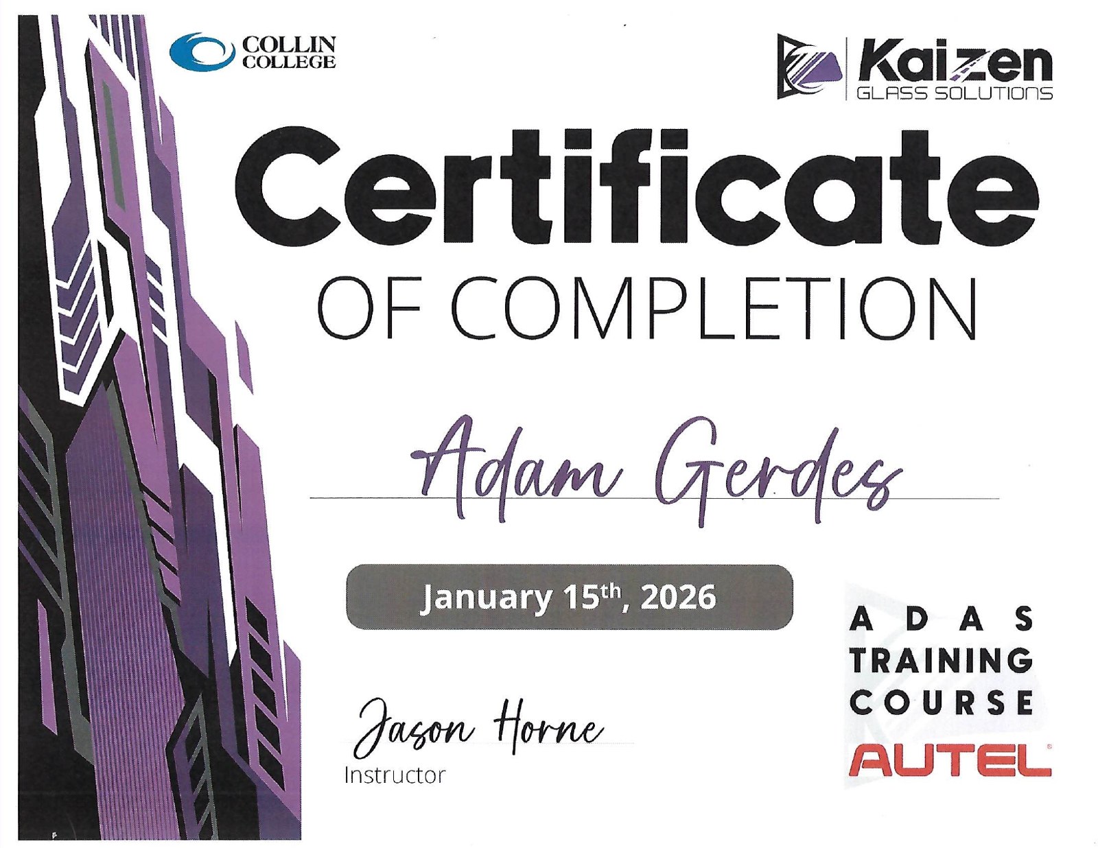 Autel ADAS Training Course certificate of completion for Adam Gerdes