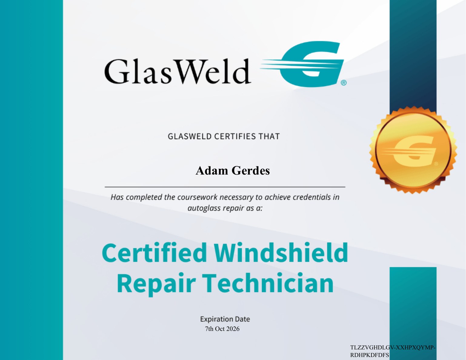 GlasWeld Certified Windshield Repair Technician certificate for Adam Gerdes